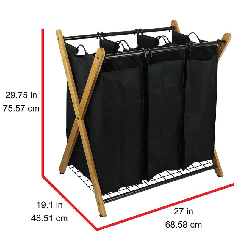 Oceanstar XBS1484 Bamboo 3-Bag Laundry Sorter Black, 29.75 in. H x 19.10 in. W x 27 in. - Image 2